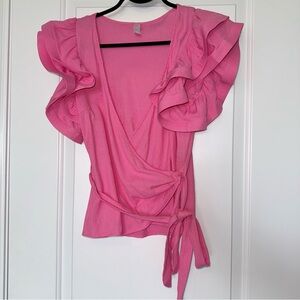 Lovesong Pink Ruffle Sleeve Wrap Top, Rayon blend size medium